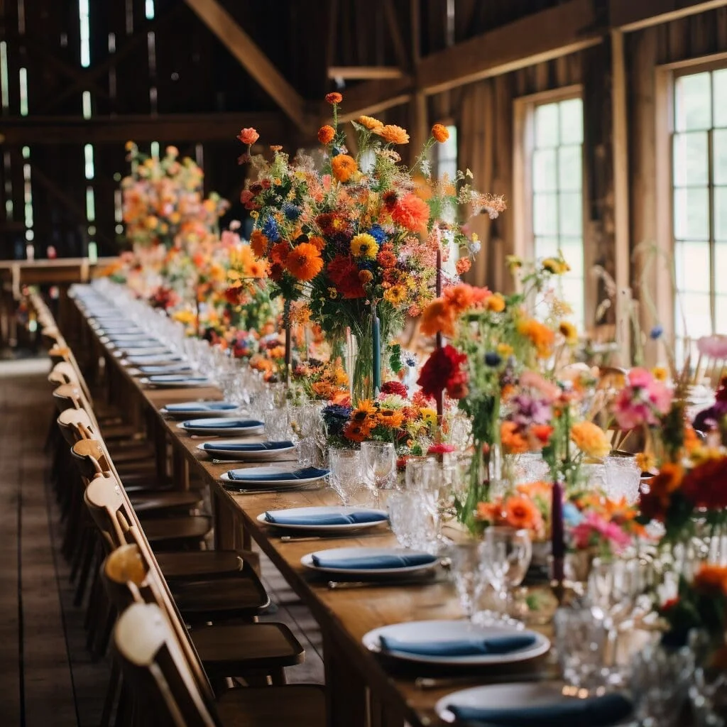 A table set with colorful flowers in a barn.