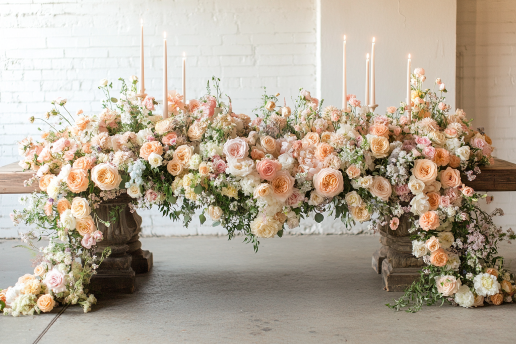 A large floral arrangement with candles in the center.