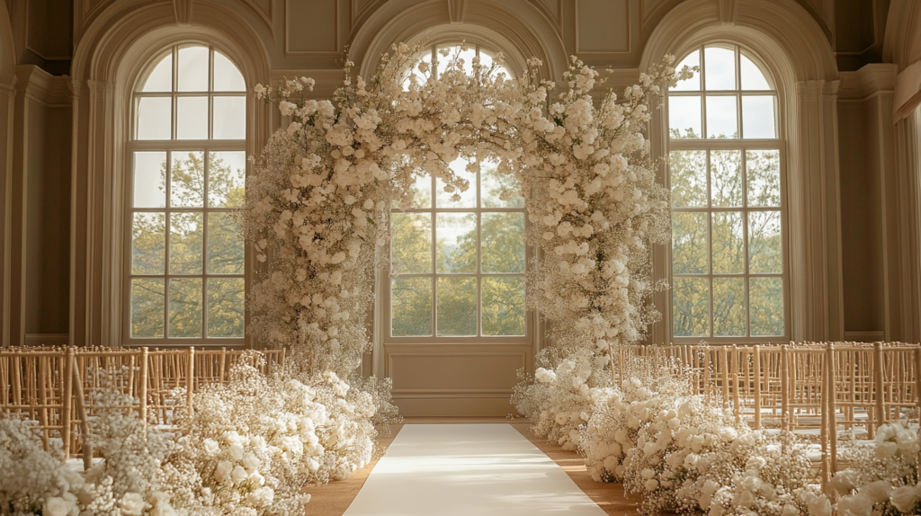 White floral archway wedding ceremony aisle