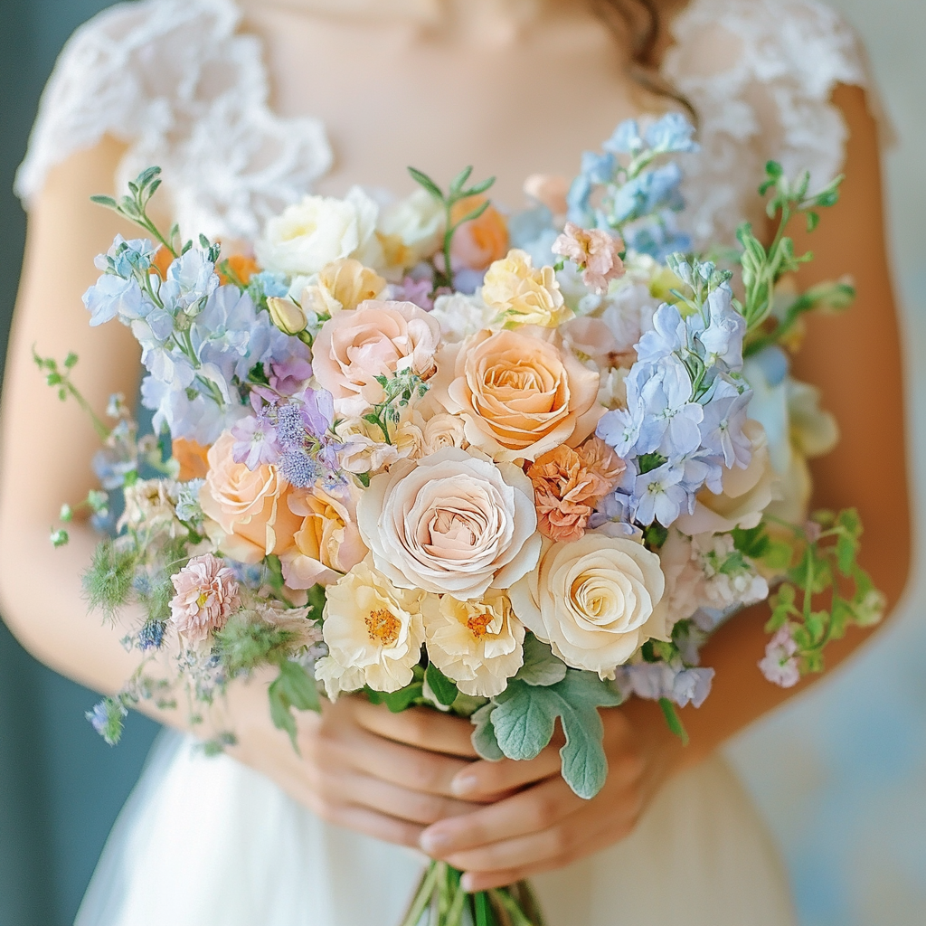 Bride holding pastel wedding bouquet.